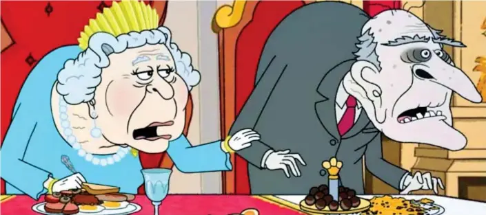  ?? ?? In the worst possible taste: The Queen with the Duke of Edinburgh in cartoon satire The Prince. The US series refused to remove scenes of Philip, who died in April