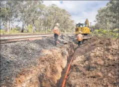  ?? ?? Moving along: Crews delivering stage two of the Shepparton railway line upgrade have completed all undergroun­d trenching, boring and pipe installati­on works.