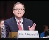  ??  ?? In this Dec 6, 2012, file photo, Kevin Hassett, senior fellow and director of Economic Policy at the American Enterprise Institute (AEI), gestures as he testifies on Capitol Hill in Washington. —AP