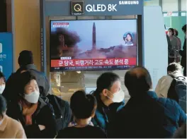  ?? AHN YOUNG-JOON/AP ?? A television screen shows a file image of a North Korean missile launch during a news program broadcast Friday at the Seoul Railway Station in Seoul, South Korea.