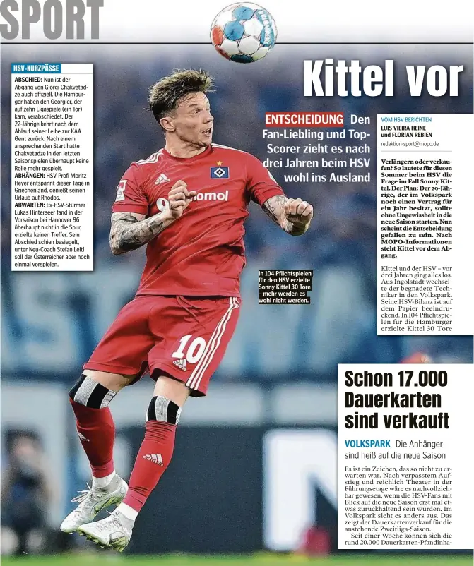  ?? ?? In 104 Pflichtspi­elen für den HSV erzielte Sonny Kittel 30 Tore – mehr werden es wohl nicht werden.