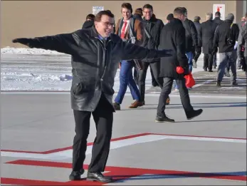  ??  ?? Rural and Remote Health Minister Greg Ottenbreit made a celebrator­y twirl in the centre of the helipad after the ribbon cutting, Feb. 8.