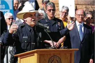  ?? John Davenport / San Antonio Express-News ?? “We are marginaliz­ing a segment of our population,” said Bexar County Sheriff Javier Salazar, speaking against Senate Bill 4 on Friday in front of the Bexar County Courthouse in San Antonio.