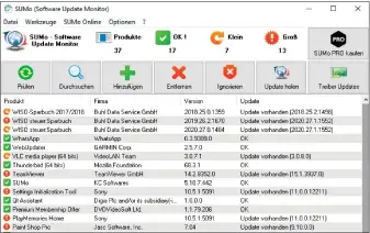  ??  ?? Manuell wäre die Update-kontrolle der installier­ten Software mühsam, das Tool Software Update Monitor (Sumo) zeigt auf einen Blick, welche Programme auf Ihrem Rechner veraltet sind.