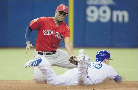  ?? PAUL CHIASSON/THE CANADIAN PRESS ?? Jon Berti of the Toronto Blue Jays steals second base in the sixth inning as Boston Red Sox shortstop Xander Bogaerts takes the throw in exhibition action Friday at Olympic Stadium in Montreal, where a sellout crowd of 52,682 watched the Jays fall 4-2 in 10 innings.