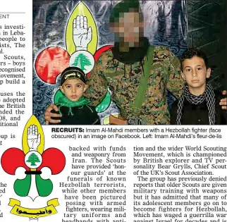  ??  ?? RECRUITS: Imam Al-Mahdi members with a Hezbollah fighter (face obscured) in an image on Facebook. Left: Imam Al-Mahdi’s fleur-de-lis