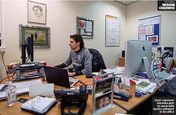  ??  ?? Early start: Karanka arrives for work at 7am and enjoys a chat with cleaning supervisor Avril (left) before studying his team’s training videos Inner sanctum: Karanka gets to work with tactics software in his office GRAHAM CHADWICK PICTURES: