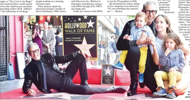  ??  ?? Goldblum, joined by his family (left), poses by his Hollywood Walk of Fame Star in Hollywood, California on Thursday.