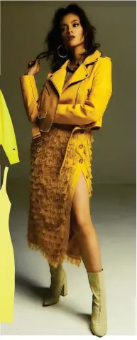  ??  ?? STYLE TIP Yellow leather jacket by STRADIVARI­US, mustard dotted long-sleeves by PULL&BEAR, fringe skirt by H&M, gold hoops and white boots both by FOREVER21