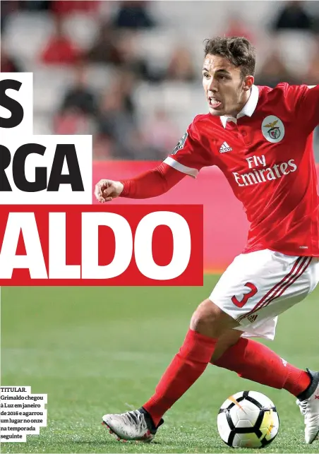  ??  ?? TITULAR. Grimaldo chegou à Luz em janeiro de 2016 e agarrou um lugar no onze na temporada seguinte