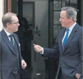  ?? ?? WORKING TOGETHER: Foreign Secretary Lord David Cameron, right, with Swedish Minister for Foreign Affairs, Tobias Billstrom, after their meeting in London. Cameron has said he is happy to serve under Rishi Sunak.