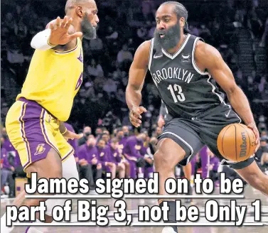  ?? N.Y. Post: Charles Wenzelberg ?? ALL ALONE: James Harden, who finished with 33 points, 12 rebounds and 11 assists, drives to the basket against LeBron James during the Nets’ 106-96 loss to the Lakers.