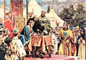  ??  ?? Milestone of democracy: King John puts his seal on Magna Carta after the Battle of Runnymede in 1215