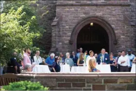  ??  ?? Pottstown community leaders and other friends gathered recently on the patio of the Memorial Room of The Hill School library for a reception and presentati­on of awards honoring volunteers and organizati­ons.