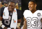  ?? JIM GENSHEIMER — BANG, FILE; D. ROSS CAMERON — AP, FILE ?? Wide receiver Tim Brown, left, talks to the press after the Raiders played the Jets in 2002. At right, tight end Darren Waller smiles during a game against the Chargers in 2019.