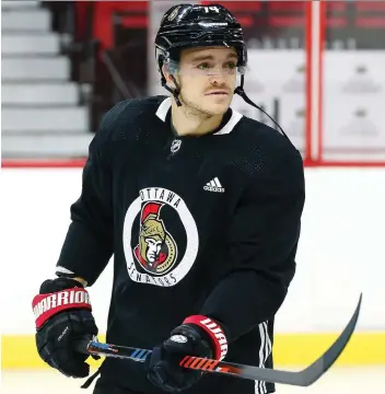  ?? TONY CALDWELL ?? Ottawa Senator Mark Borowiecki practises at the Canadian Tire Centre on Thursday. “There was absolutely zero intent to injure,” the defenceman says of the elbow to Bruins blue-liner Urho Vaakanaine­n.