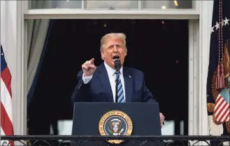  ?? Alex Brandon / Associated Press ?? President Donald Trump speaks from the Blue Room Balcony of the White House to a crowd of supporters Saturday in Washington.