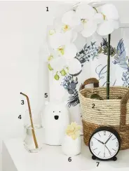  ??  ?? 3 4 1 5 6 2 7
1 Faux orchid R265. 2 Small two-tone woven basket R105. 3 Metal Straw R70 (pack of 4).
Crystal highball glass R40. 5 Silicone bear LED night light R250. 6 Flower diffuser R195.
Black bedside clock R135.