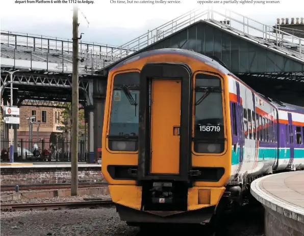  ??  ?? The last ever Class 158 in National Express ScotRail livery (158719) waits at Platform 5, ready to work the 1754 Inverness-Wick on July 1 2008. It will take more than four and a half hours to complete its journey. Classmate 158715 Haymarket prepares to depart from Platform 6 with the 1712 to Ardgay.