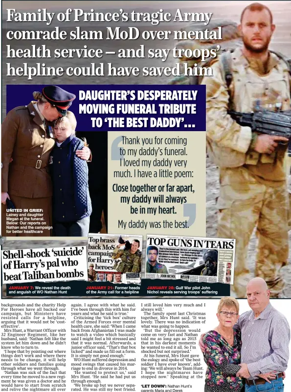  ??  ?? JANUARY 7: We reveal the death and anguish of WO Nathan Hunt JANUARY 21: Former heads of the Army call for a helpline JANUARY 28: Gulf War pilot John Nichol reveals serving troops’ suffering
‘LET DOWN’: Nathan Hunt’s parents Maria and Derek