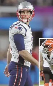  ?? LEFT: STAFF FILE PHOTO BY MATT STONE; BELOW: AP PHOTO ?? KICKED AROUND: Stephen Gostkowski, left, has weathered many a miss in his career, something the likes of Zane Gonzalez, below, formerly of Cleveland, will have to learn if he is to survive in the NFL.