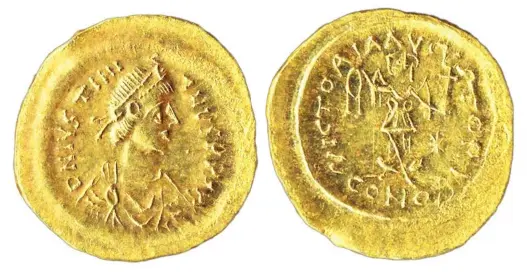  ?? ?? This gold tremissis of Constantin­ople mint is from the reign of Justinian I, the Great. The angel on the reverse has a bit of a stick-figure quality to it. (Actual diameter 16mm)