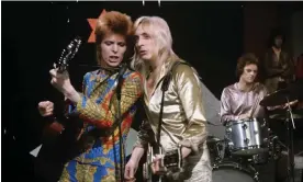  ?? Photograph: ITV/Rex Features ?? Ziggy pop: David Bowie, Mick Ronson and Mick ‘Woody’ Woodmansey of the Spiders from Mars perform on ITV’s Lift Off With Ayshea show in 1972.