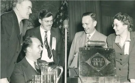 ??  ?? With the Communist party banned in Canada, former members created the Labor-Progressiv­e Party in B.C. From left, Carl Gray of White Horse, ComoxAlber­ni candidate Nigel Morgan, organizer Tom McEwen, leader Fergus McKean and secretary Minerva Morgan...