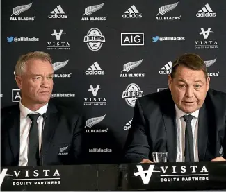  ?? JOSEPH JOHNSON/STUFF ?? Coach Steve Hansen, right, seen here with selector Grant Fox, says the All Blacks have to pull down the right balloon at the right time.