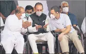  ?? PTI ?? Congress MP Rahul Gandhi with party leader Ghulam Nabi Azad and others during a sammelan in Jammu on Friday.