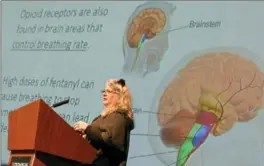  ?? CATHIE COWARD, THE HAMILTON SPECTATOR ?? Debbie Bang, manager of addiction services at St Joseph’s Healthcare, speaks about the affects of opiates on the brain during a public forum Thursday discussing fentanyl and carfentani­l.