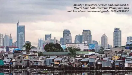  ?? BLOOMBERG PIC ?? Moody’s Investors Service and Standard & Poor’s have both rated the Philippine­s two notches above investment grade.
