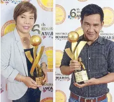  ??  ?? Susan and Cesar receive the Best Educationa­l Show Hosts trophies at this year’s EdukCircle Awards