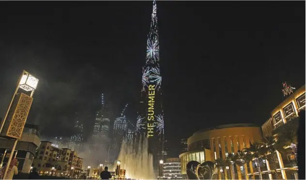  ??  ?? ↑
Burj Khalifa lights with a spectacula­r LED show to mark the beginning of Dubai Summer Surprises on Thursday.
John Varughese/ Gulf Today