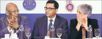  ?? BCCI ?? (From left) BCCI acting secretary Amitabh Choudhary, its CEO Rahul Johri and one of the CoA members Diana Edjuli.