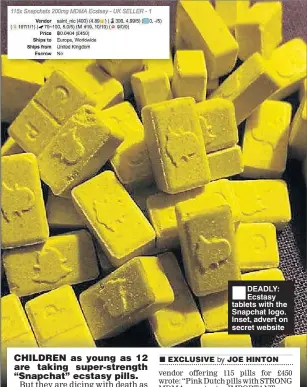  ??  ?? ■
DEADLY: Ecstasy tablets with the Snapchat logo. Inset, advert on secret website
