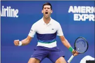  ?? John Minchillo / Associated Press ?? Novak Djokovic reacts after scoring a point against Kei Nishikori during the third round of the U.S. Open on Saturday.