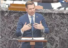  ?? The Associated Press ?? Rep. Eric Swalwell alleges in a lawsuit that “false and incendiary allegation­s of fraud and theft” by former President Donald Trump and his allies led to the insurrecti­on.