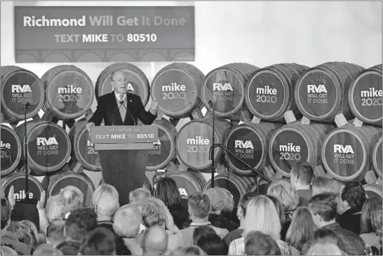  ?? [JAMES H. WALLACE/RICHMOND TIMES-DISPATCH] ?? Democratic presidenti­al candidate Mike Bloomberg speaks during a campaign event at Hardywood Park Craft Brewery in Richmond, Va., on Saturday. On Sunday, he was roasted by several of his fellow candidates.