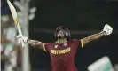  ?? Photograph: Saurabh Das/AP ?? Carlos Brathwaite celebrates West Indies winning 2016’s T20 title after his four sixes in four balls.