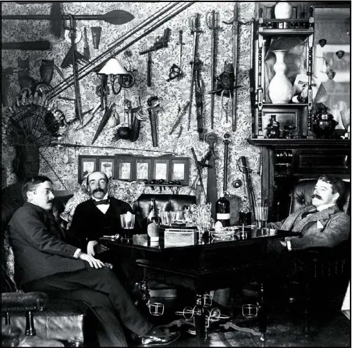  ??  ?? Trappings of privilege: Alexander Turnbull, far right, relaxing in the billiard room at the family home with brother Robert, left, and lawyer EF Hadfield. Left, a 1909 portrait by Robert Stewart Clouston.