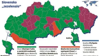  ?? Zdroj: www.volbysr.sk ?? Bratislava
Hnutí Obyčajní ľudia a nezávislé osobnosti (OĽaNO) Igora Matoviče zvítězilo v 50 okresech.
Dosavadní nejsilnějš­í vládní strana Smer – sociálna demokracia ovládla 25 okresů.
Košice
Maďarská komunitná spolupatri­čnosť si připsala vítězství ve třech okresech.
Koalice PS/Spolu dominovala v jednom okrese – v bratislavs­kém Starém Městě.