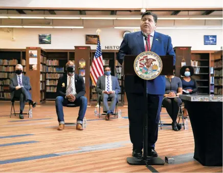  ?? STACEY WESCOTT/CHICAGO TRIBUNE ?? Gov. J.B. Pritzker speaks at a March 8 news conference announcing the Education and Workforce Equity Act at Proviso East High School in Maywood.