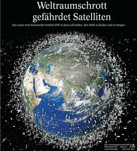  ??  ?? nötig“, erläutert er. 10000 bis 20000 Impulse pro Sekunde liefert der Jenaer Laser, den die Jena-Optronik in einem Sensor verbaut und der im Jahr 2016 für Testzwecke ins Weltall geschickt wurde. Das computerge­nerierte Bild zeigt Weltraummü­ll früherer...