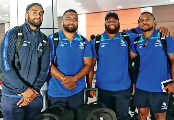  ?? Photo: Fijian Drua Media ?? Swire Shipping Fijian Drua players (from left) Kemu Valetini, Jone Tiko, Jone Koroiduadu­a and Teti Tela before departing Nadi for Perth on May 9, 2023. The Drua will take on Western Force on Friday.