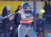  ?? SOUTHTOWN STEVE JOHNSTON / DAILY ?? Stagg’s Morgan Natanek connects against Richards during a nonconfere­nce game in Oak Lawn on Tuesday.