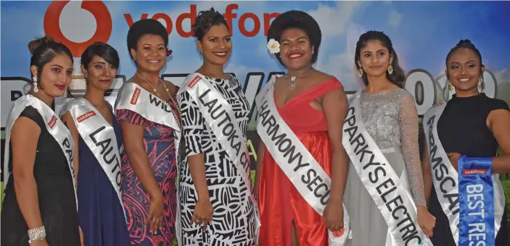  ?? Photo: Salote Qalubau ?? Vodafone Lautoka Sugar Festival contestant­s (from left), Miss Dauds Transport/Pacific Energy Fazleen Ali, Miss Lautoka Club Nagma Naicker, Miss Wilderness Amusement and Rides Litiana Nasilasila, Miss Lautoka City Council Mere Ratu, Miss Harmony Security Adi Bau Vukicavanu­a, Miss Sparky’s Electric Simran Kumar, Miss Formscaff Christall Kapoor at the official opening in Lautoka on September 21, 2019.