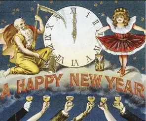  ??  ?? The clock strikes midnight in this Happy New Year postcard from c1910