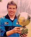  ??  ?? 2
● 1 Lothar Matthäus, seminascos­to, calcia la punizione che il 28 maggio 1989 regalò all’Inter dei record lo scudetto contro il Napoli di Diego Armando Maradona ● 2 Il centrocamp­ista tedesco con il Pallone d’oro vinto (in nerazzurro) nel 1990 ● 3...