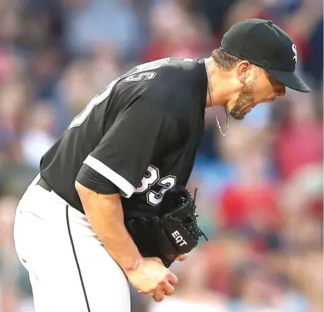  ??  ?? James Shields can’t hide his frustratio­n after giving up a two- run home run to Jackie Bradley Jr. in the second inning Saturday. | GETTY IMAGES